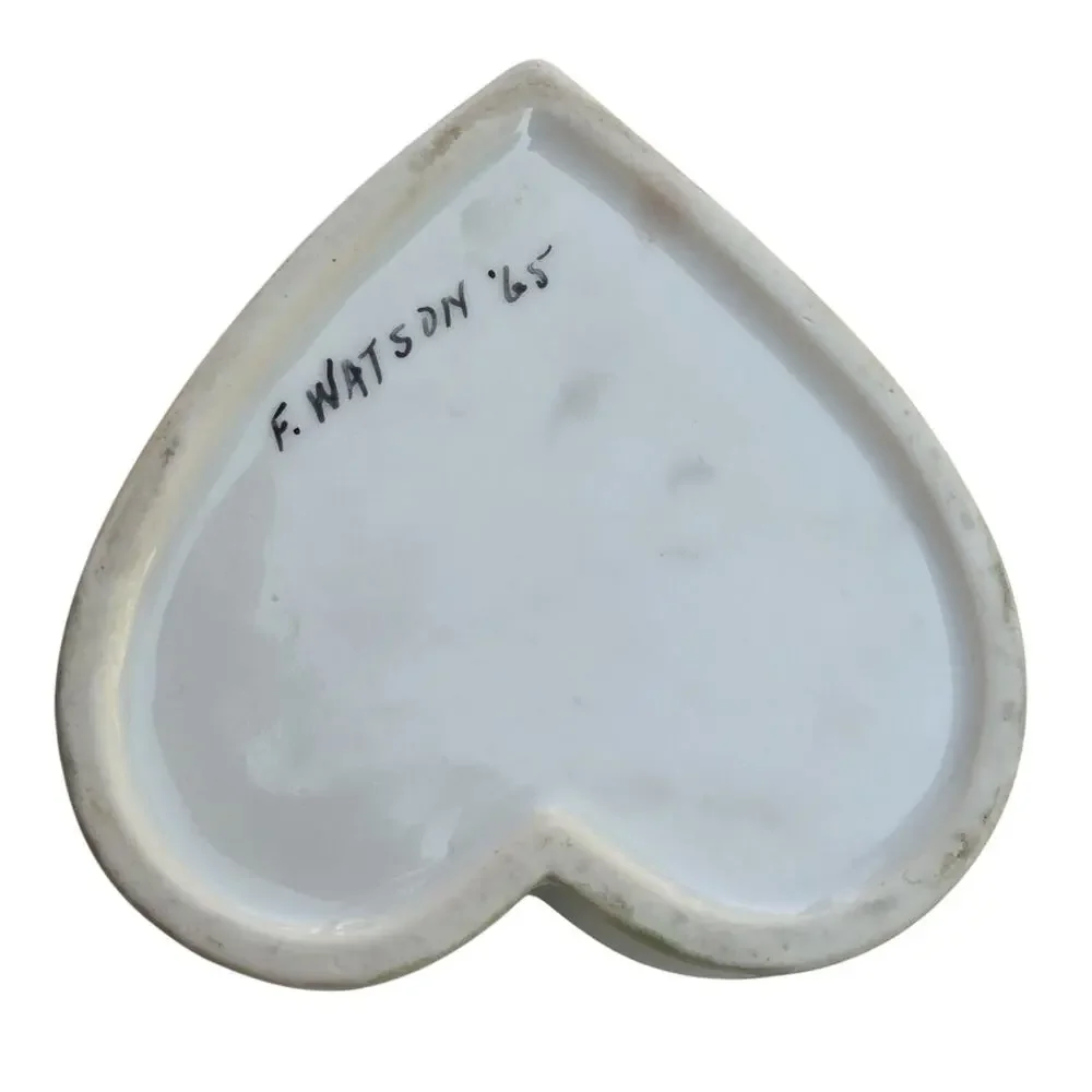 Vintage 1965 Ceramic Heart Lipstick Holder Hand Painted Roses Gold Vanity